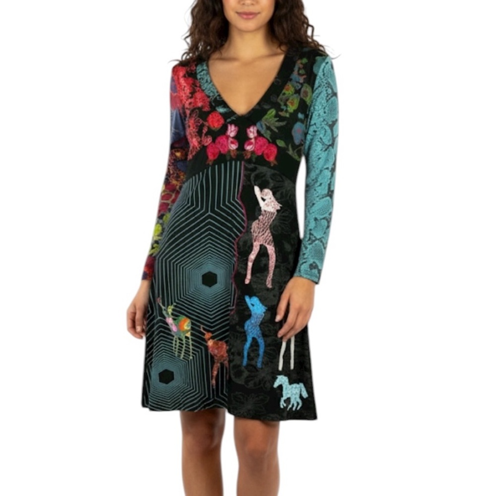 Desigual Artsy Embroidered Cotton Long Sleeve V Neck A Line Dress Medium